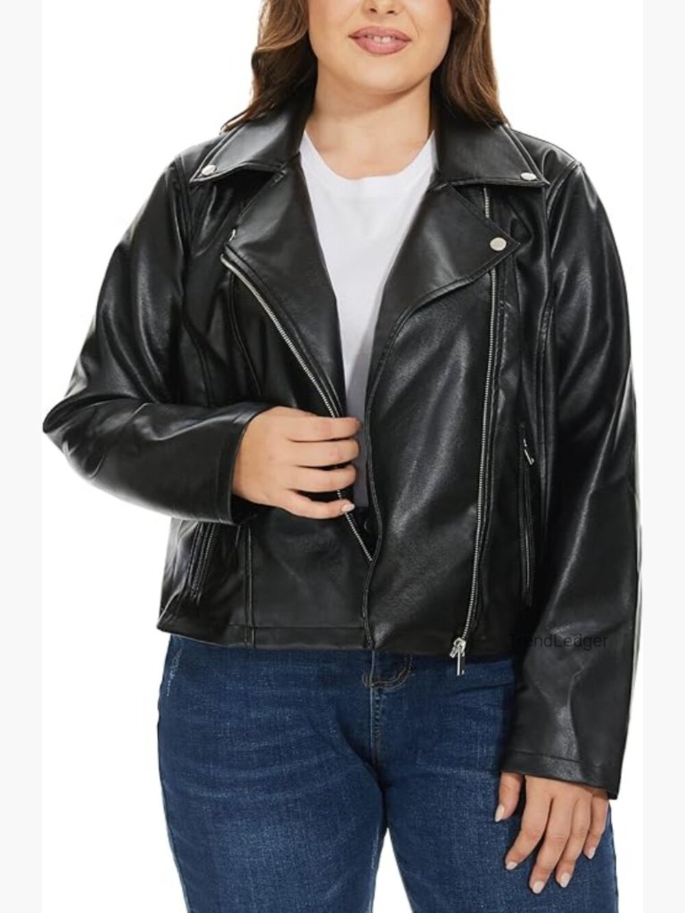 Faux Leather Zip Up Moto Jacket Fitted Plus Size Coat